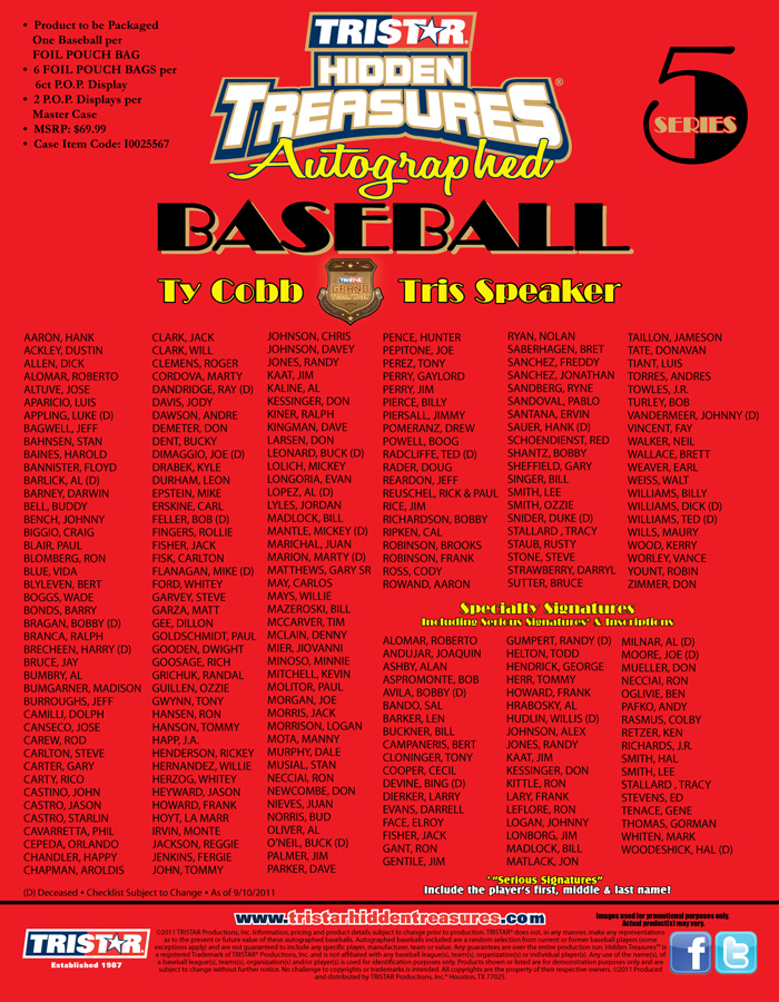 TRISTAR Hidden Treasures Autographed Baseball Series 5 Checklist